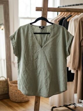 DKNY Olive Green V-Neck Linen Tunic Top
